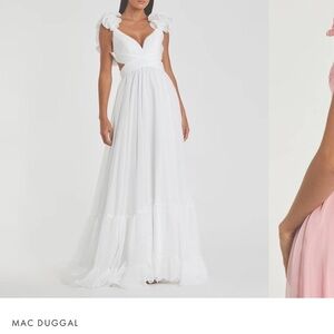 Mac Duggal White Sundress with Plunge Neckline and Puff Sleeves